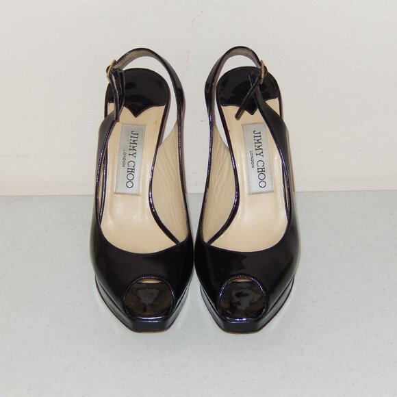 Jimmy Choo 36 6 Black Patent Peeptoe Slingback Heels Shoes Pumps Authentic - Picture 3 of 11